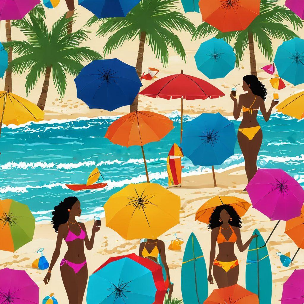 A vibrant beach scene featuring stylish swimwear on diverse models enjoying the sun and surf. Include colorful beach umbrellas, tropical drinks, and palm trees swaying in the breeze in the background. Highlight the joy and relaxation of summer getaways with splashes of water and sand. Make it lively and inviting, capturing the essence of summer fun. bright colors. vector art.