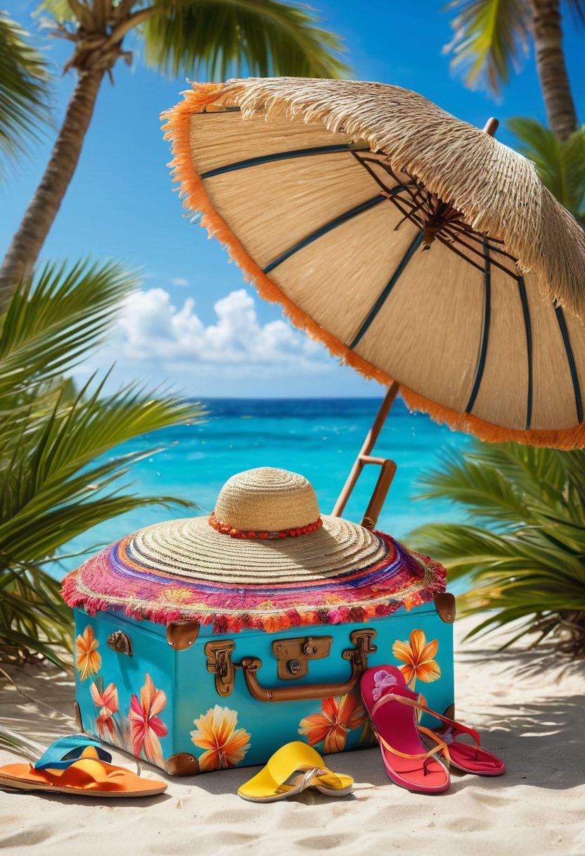 A suitcase overflowing with colorful beachwear, straw hats, and flip-flops, surrounded by a backdrop of palm trees swaying in the breeze and a bright blue ocean. Sunlight sparkles on the water, while seashells and tropical flowers scatter around the scene, creating a vibrant and inviting atmosphere. A stylish beach umbrella adds a touch of elegance. super-realistic. vibrant colors. 3D.
