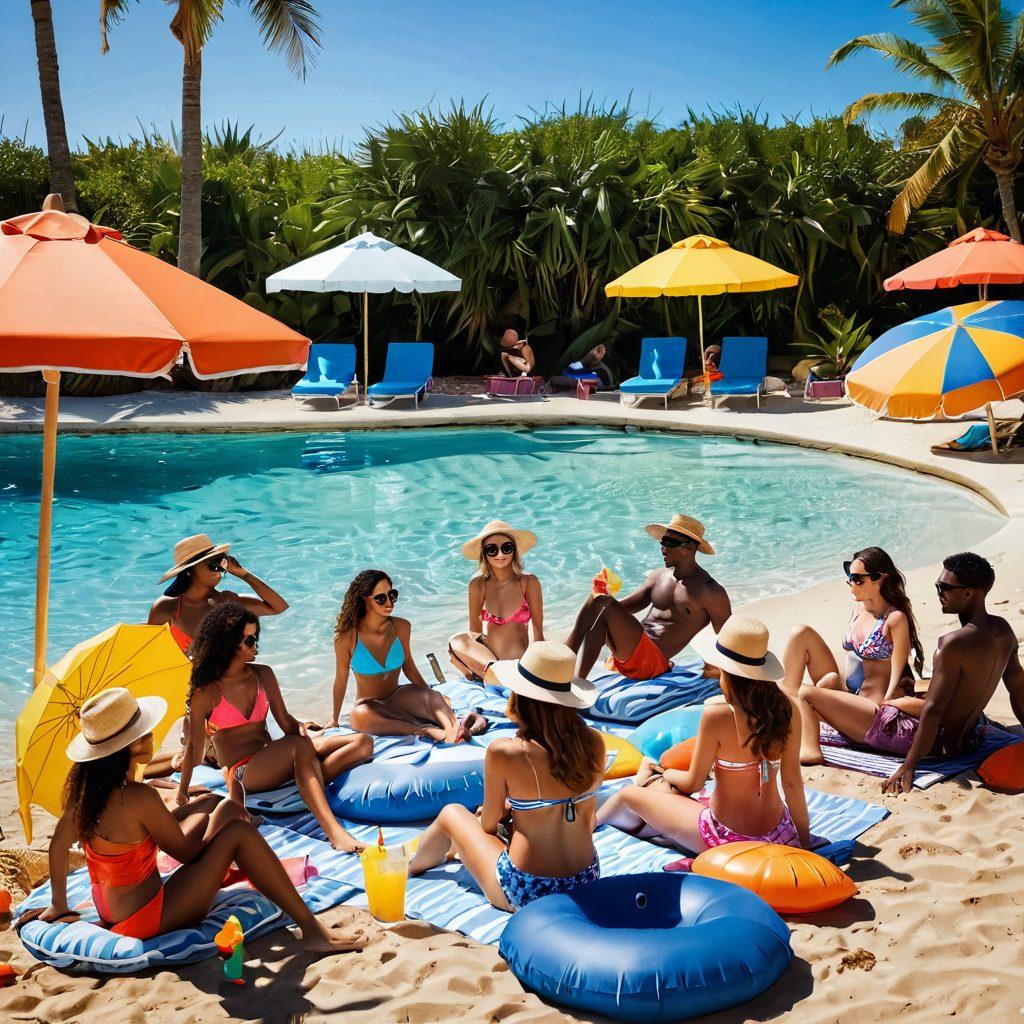 A vibrant beach scene featuring a diverse group of friends enjoying a sunny day at the beach, showcasing various stylish beachwear including swimsuits, straw hats, and sunglasses. In the background, a beautiful ocean waves, beach umbrellas, and palm trees create a relaxed atmosphere, while a poolside party is depicted nearby with colorful cocktails and inflatable pool toys. The color palette should be bright and inviting, capturing the essence of summer fun. super-realistic. vibrant colors.